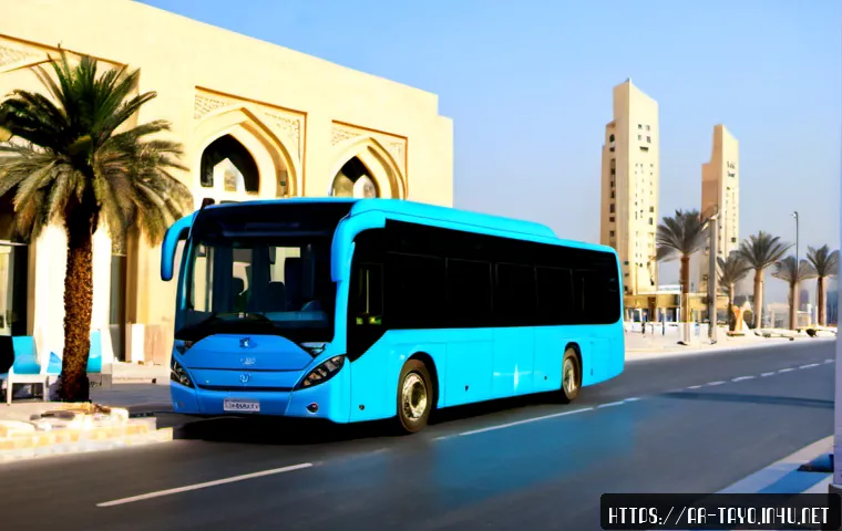 타요와 4차 산업 기술 - Photorealistic smart public transit scene in a modern Gulf city, a friendly bright blue autonomous c...