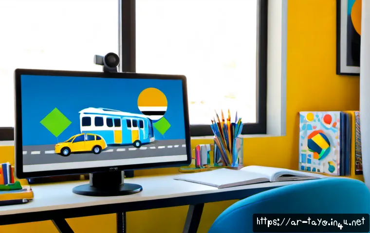 타요의 그래픽 디자인 - Photorealistic modern graphic design workspace in a sunlit Dubai studio, a cheerful small blue city ...