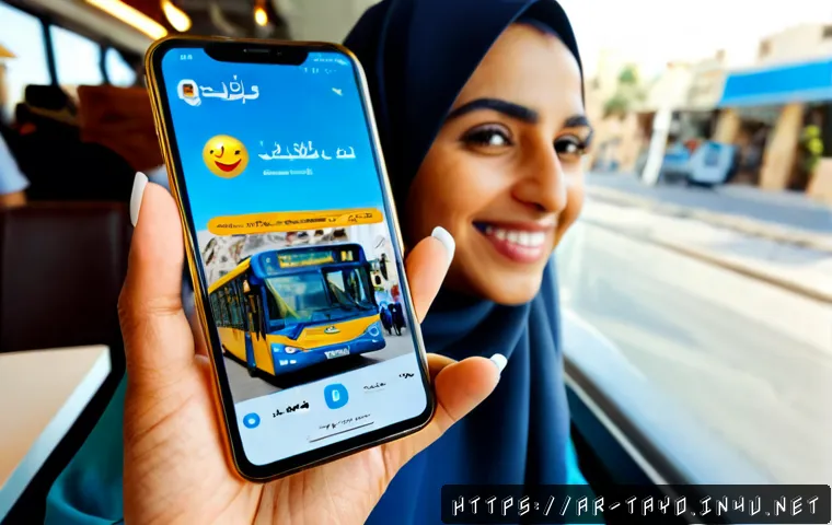 타요 이모티콘 출시 - Photorealistic close-up of a modern smartphone held by an Arab woman in a sunlit Gulf city café, scr...