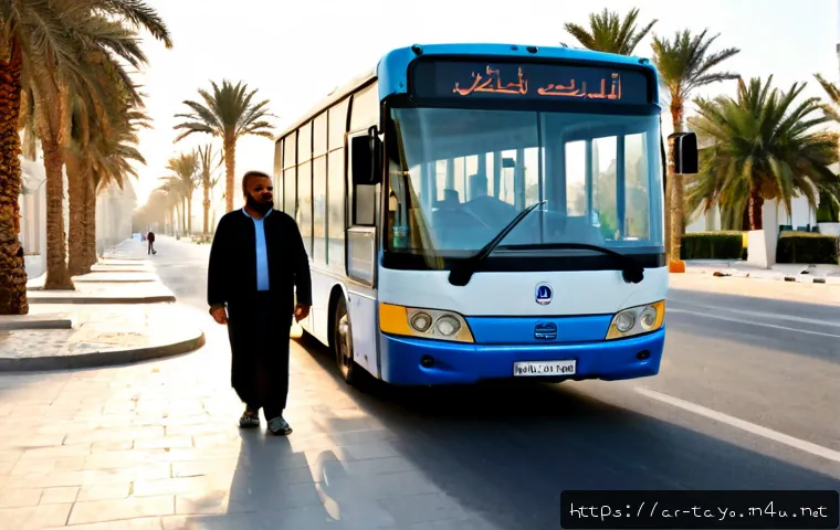 Home 15 타요와 감성 콘텐츠 - Photorealistic warm morning scene in a modern Arab city, a cheerful small blue public bus with frien...